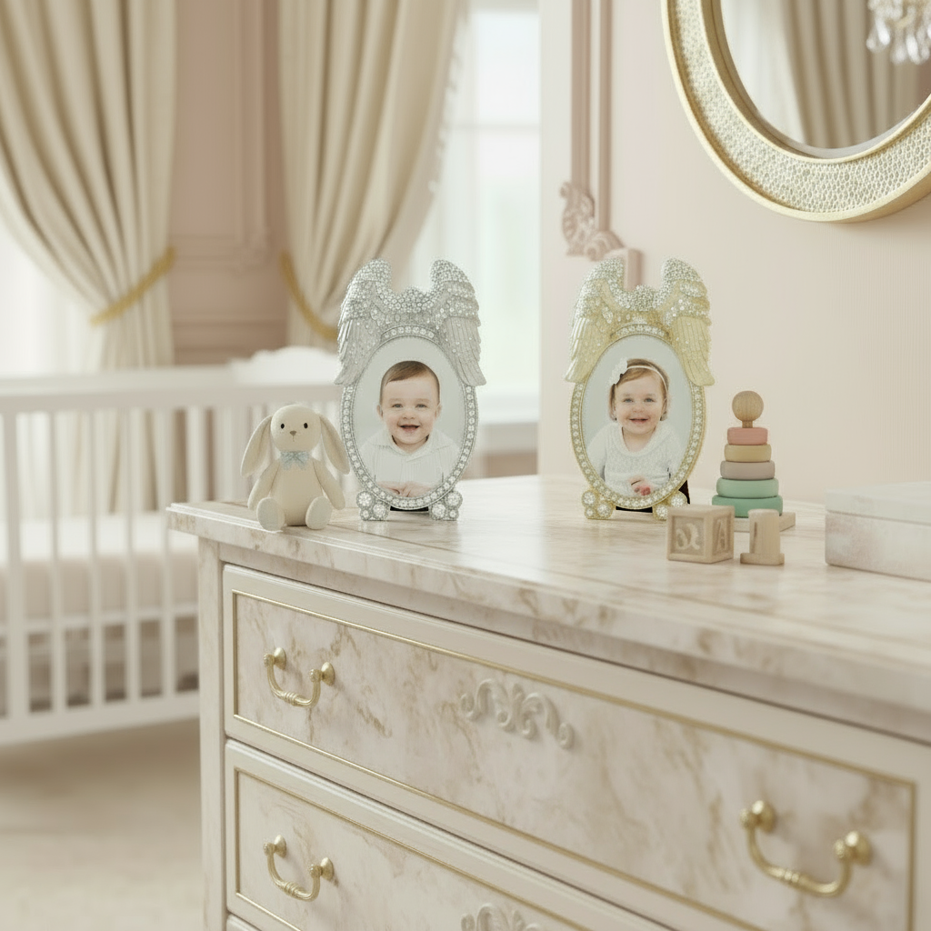 Nursery room with marble dresser, 2 Angel Wings frames with baby photos, and toys.