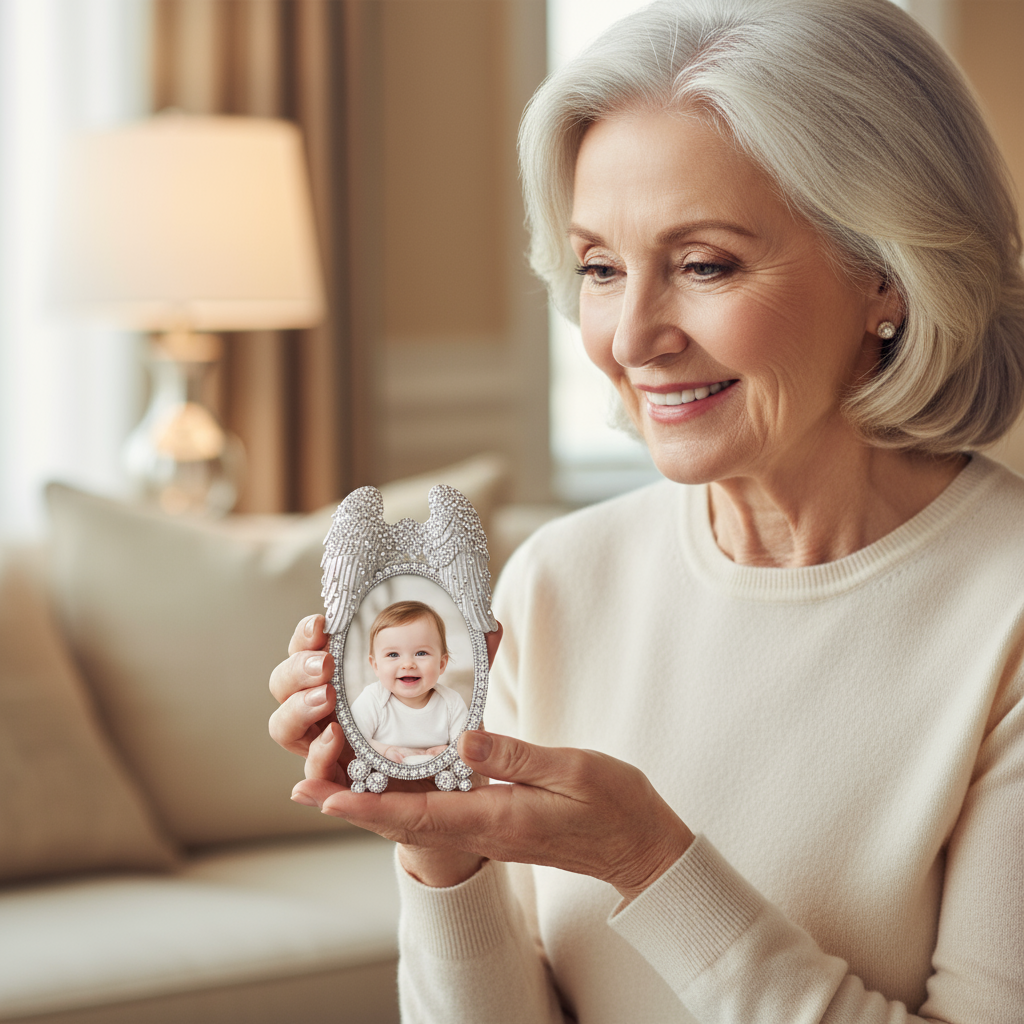 Woman holding an Angel Wings picture frame with a baby's picture inside, smiling in a cozy room.