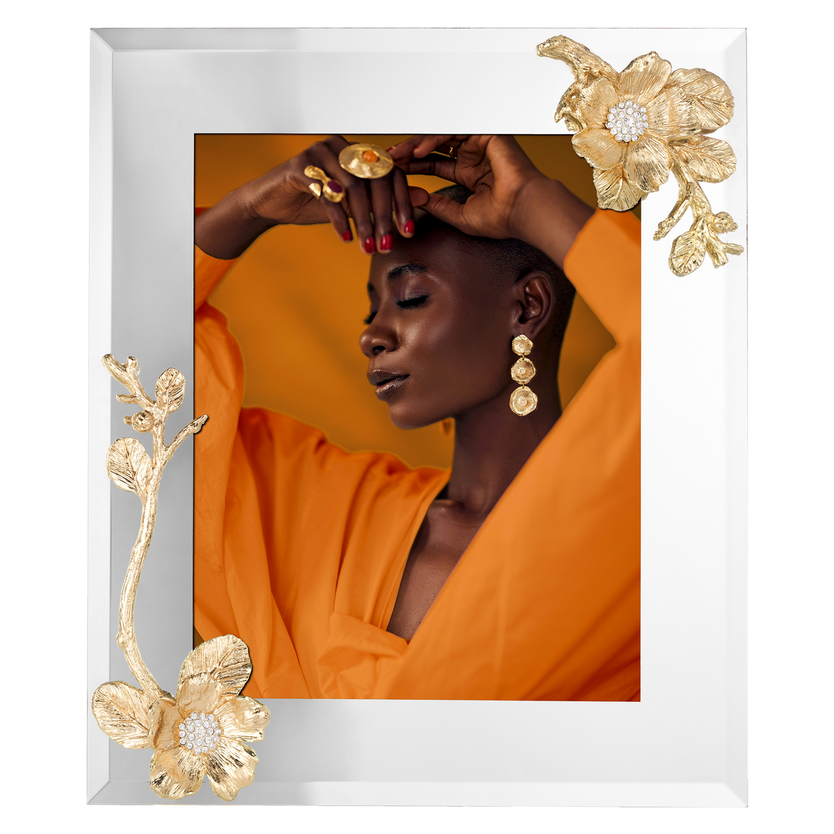 Gold Botanica 8 by 10 Frame with a blossom and stem in the bottom left and top right corners.