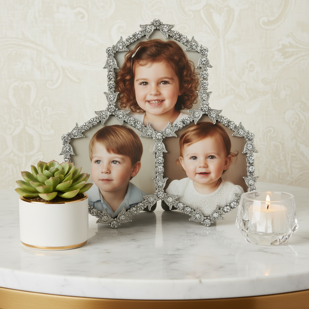 Luxembourg Triple frame with three children's portraits on a marble surface with a candle and plant.