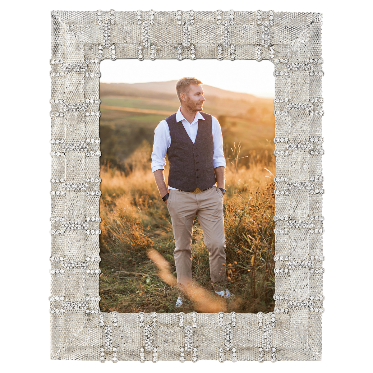 Silver Carlyle 5 by 7 Frame with a narrower metal border set on top of main border. Alternating bands of clear crystals.
