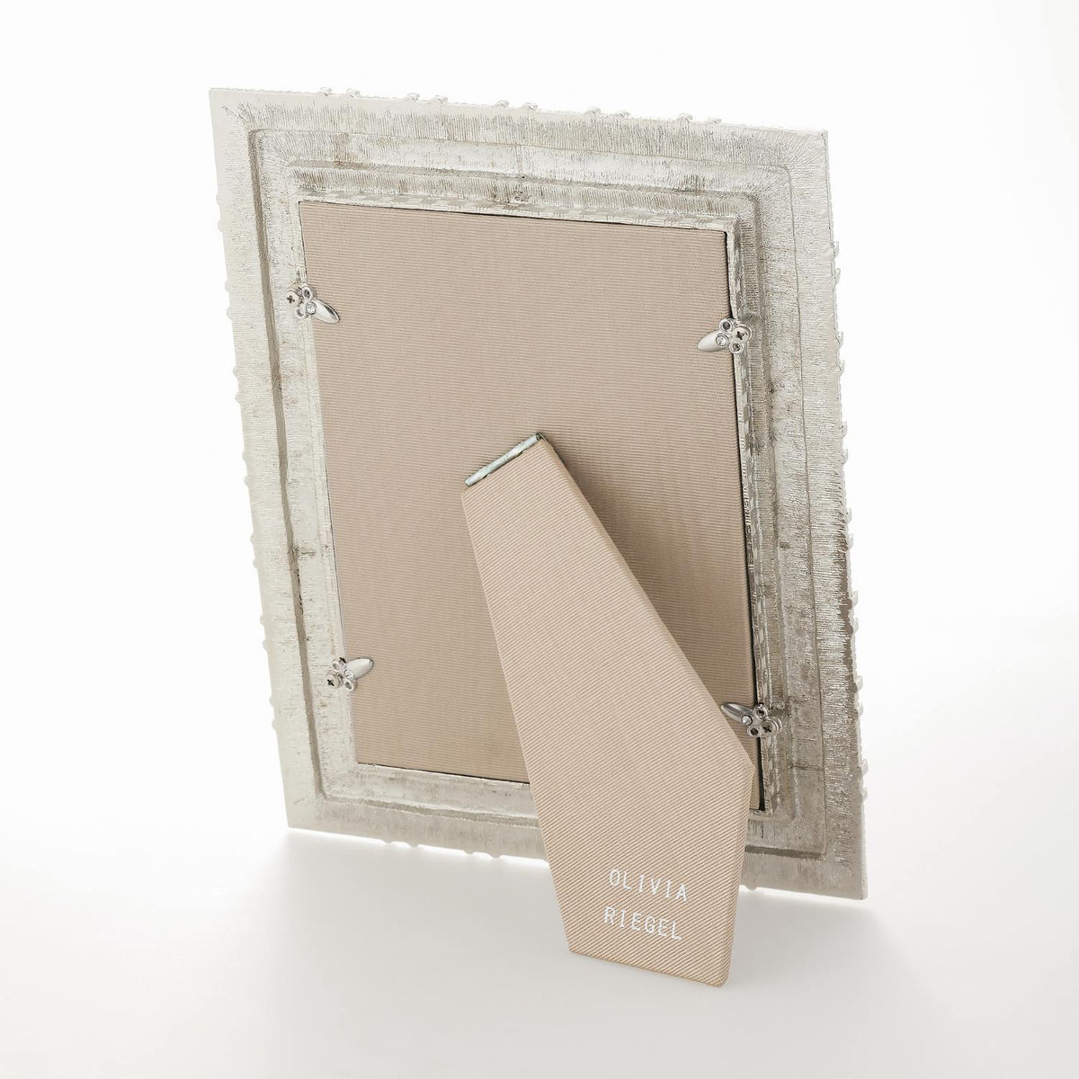 Gray silk back of Silver Carlyle Frame.