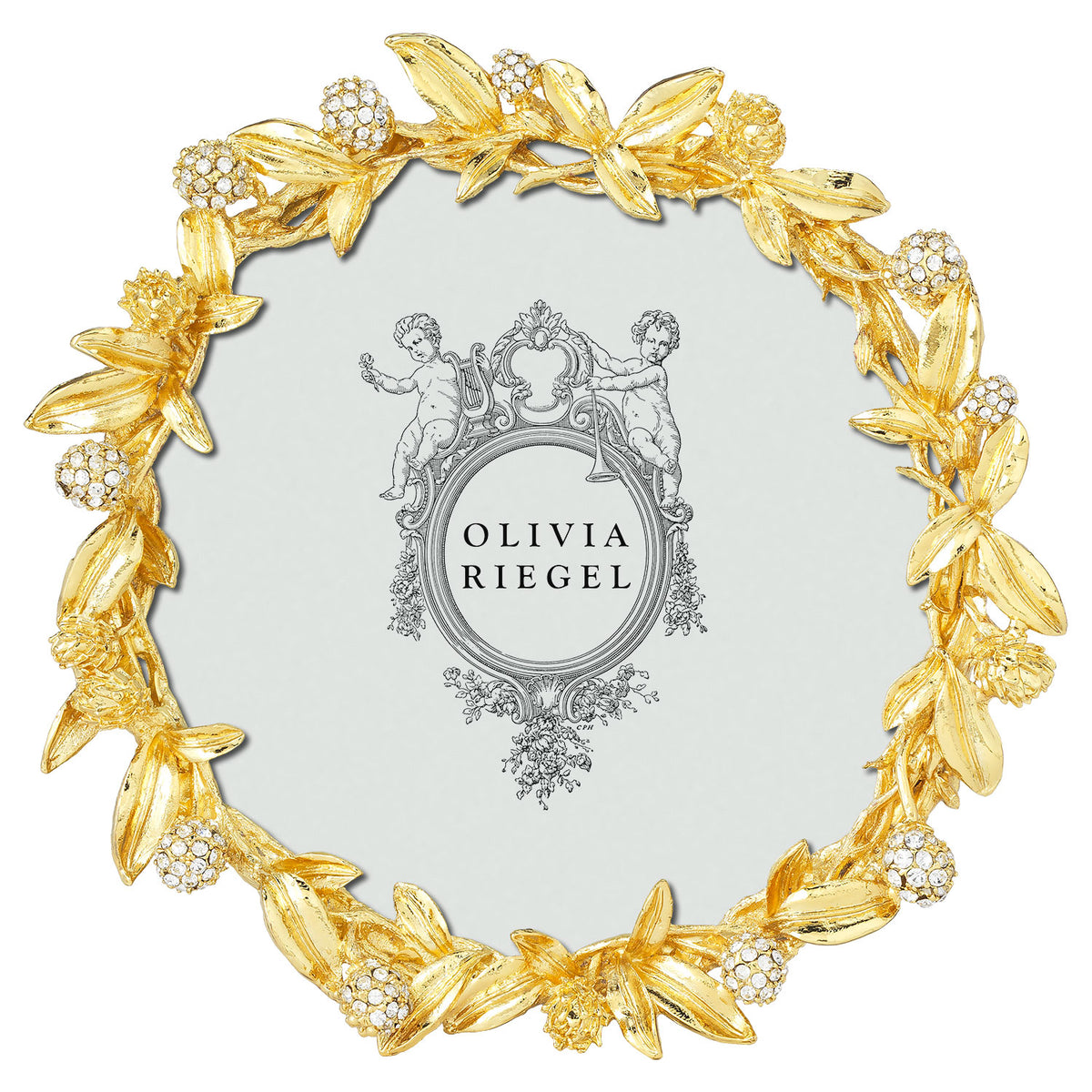 Gold Cornelia 4.5" Round Frame with leaves and clear crystal-studded round blooms.