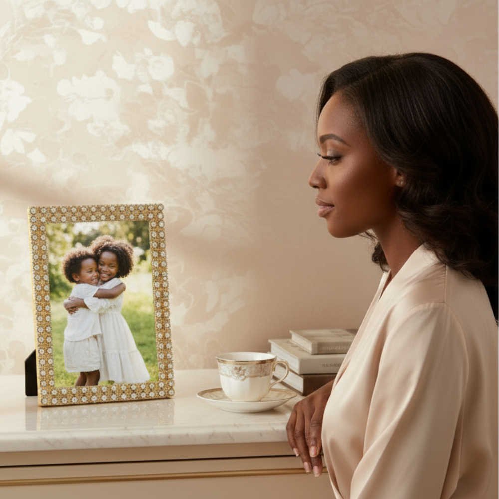 Woman looking at a framed photo of two children in a Priscilla frame.