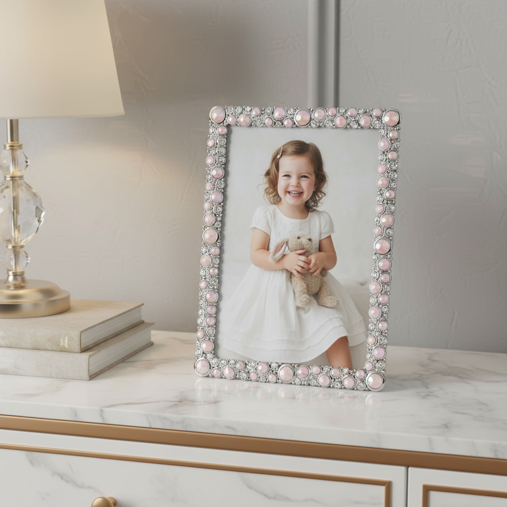 Pink McKenzie frame on a marble surface with a photo of a young girl holding a teddy bear.