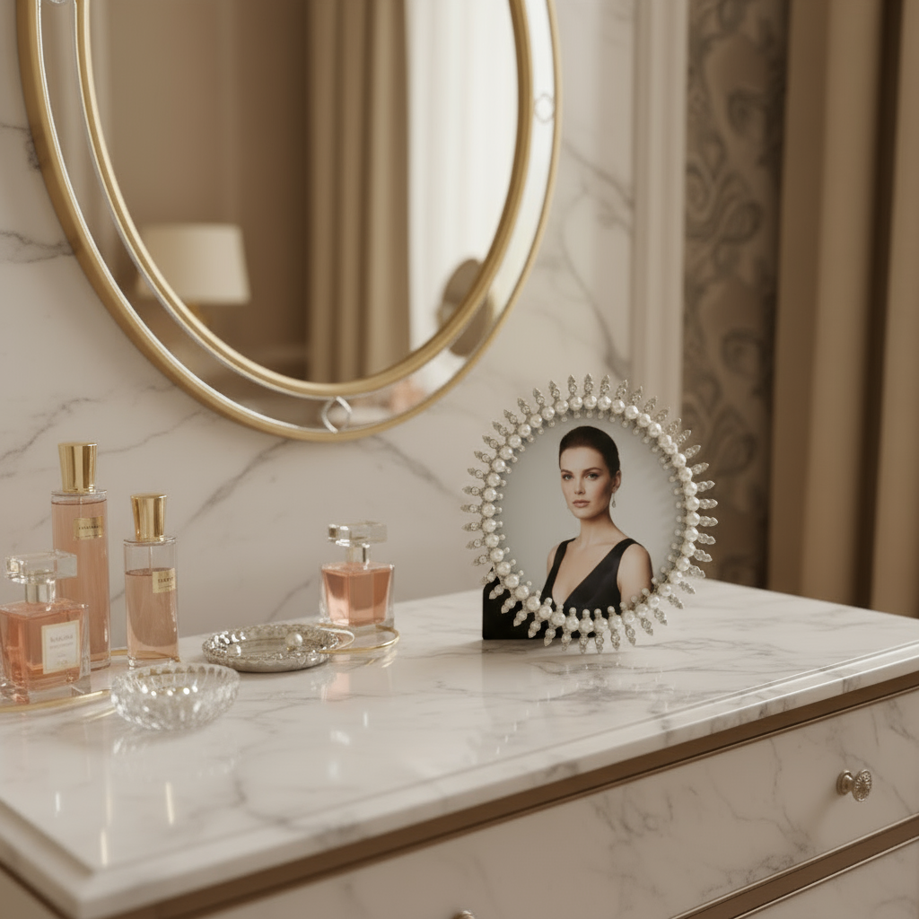 Marble vanity with perfume bottles, a mirror, and Jubilee Pearl picture frame.
