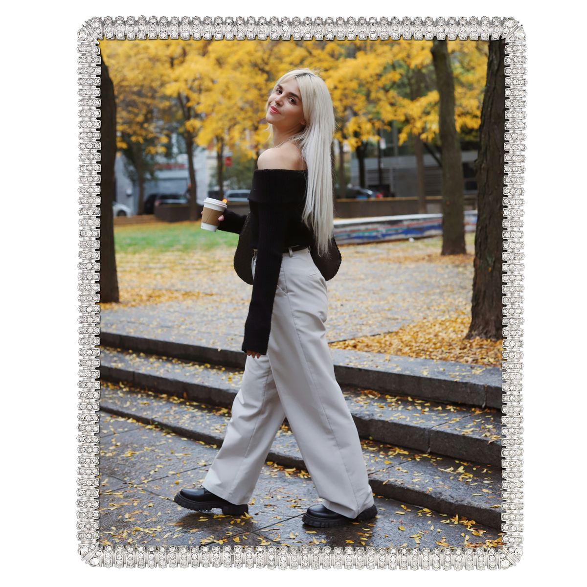 Silver Crystal Chelsea 8 by 10 Frame bordered by repeating tiny rings studded with clear crystals.