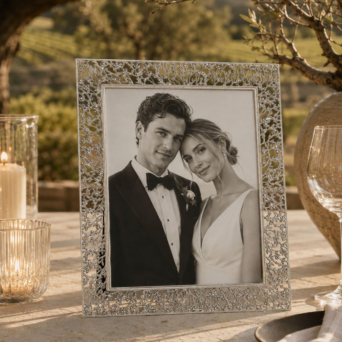 Isadora 8 x 10 Frame with portrait of bride and groom on an elegant outdoor table.