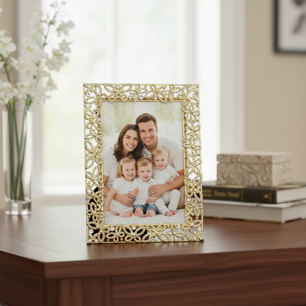 Gold Papillon butterfly frame with a family portrait on a wooden surface.