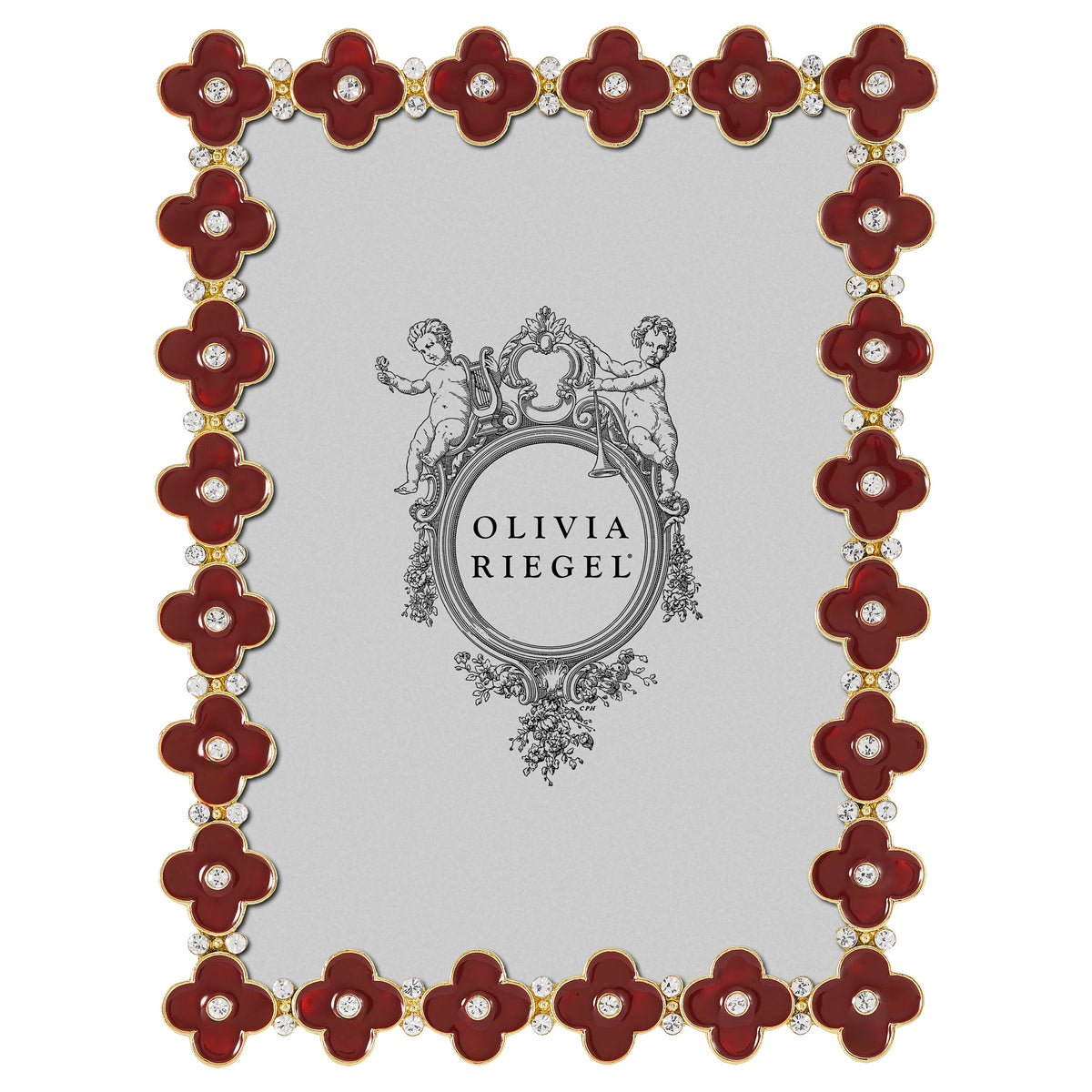 Crimson Enamel Clover Frame with repeating textured quatrefoils surrounding the frame.