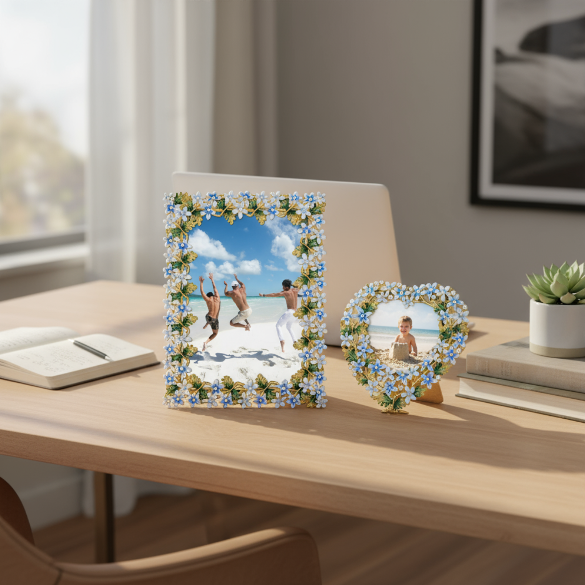 Daphne 4 by 6 and heart frames on a home desk with a beach scene.