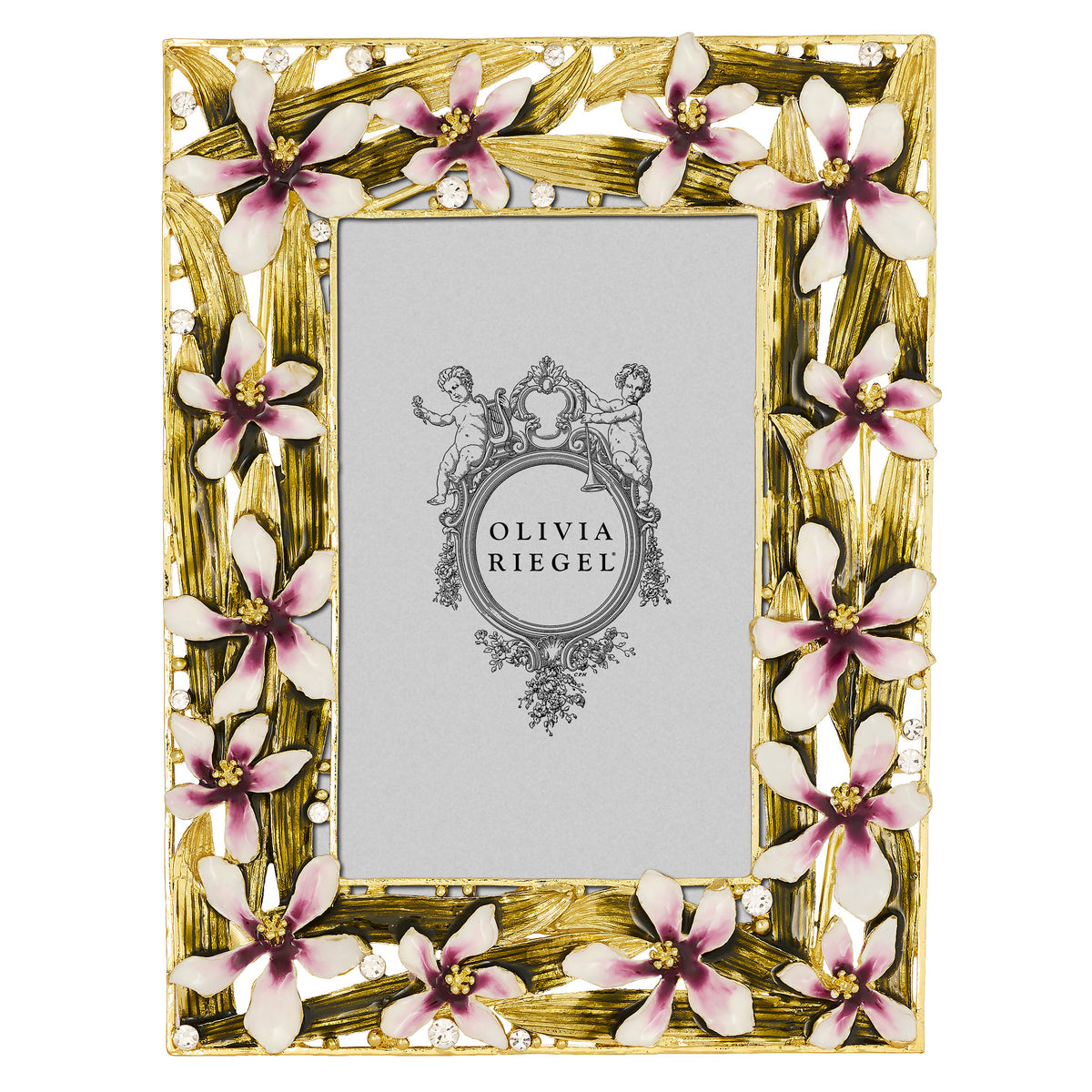Orchid Delight 4 by 6 Frame with 2-tone enamel purple flowers and olive green and gold leaves.