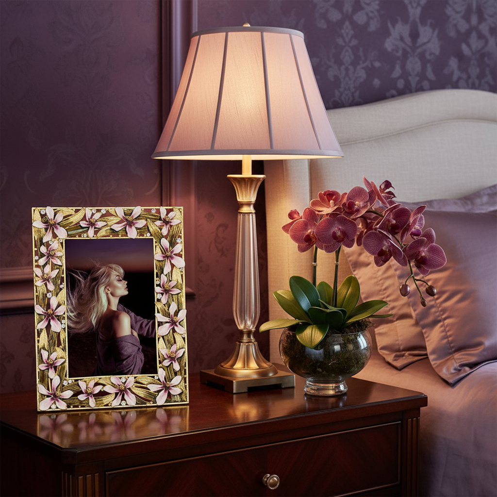 Decorative lamp, Orchid Delight frame, and orchid on a bedside table.