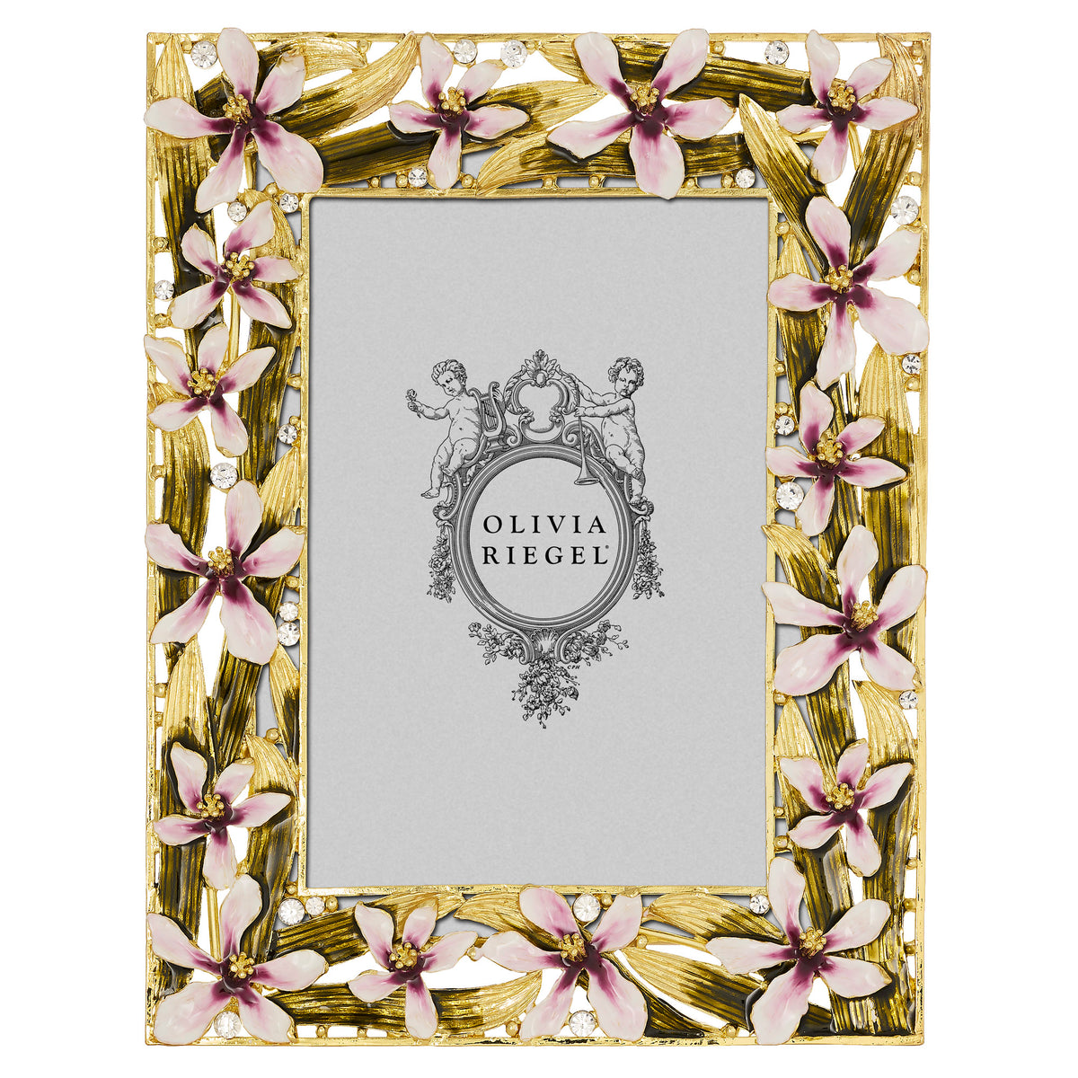Orchid Delight 5 by 7 Frame with 2-tone enamel purple flowers and olive green and gold leaves.