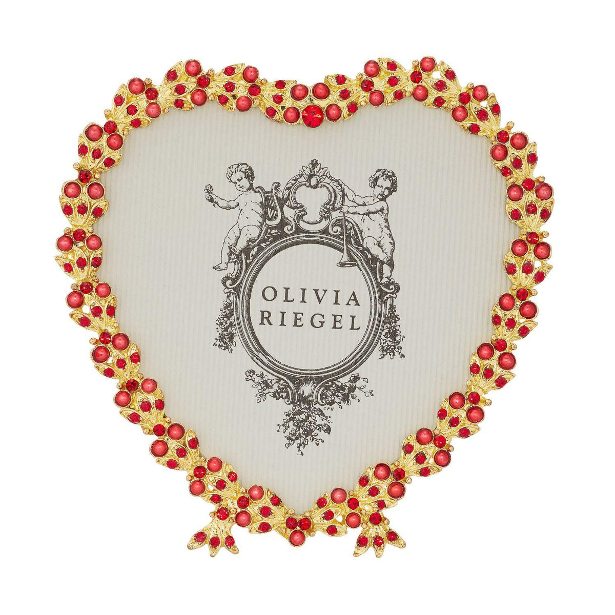 Gold Contessa Heart-shaped 3.5" Frame rimmed with tiny round Ruby Crystals & Red Pearls