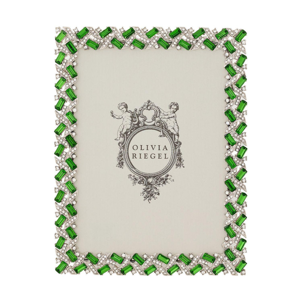 Silver Hamilton Frame with green glass stones and clear crystals.