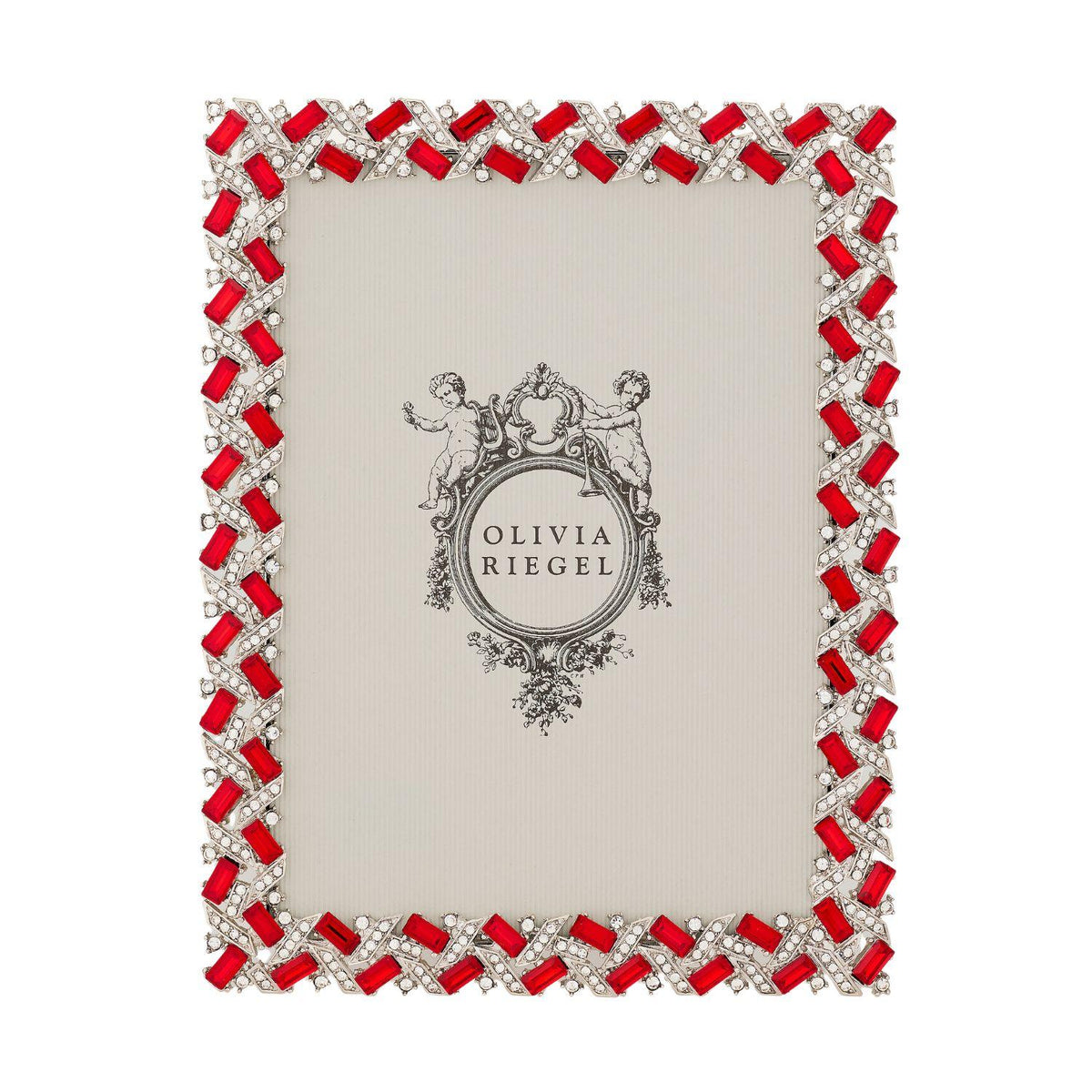 Silver Hamilton Frame with red glass stones and clear crystals.