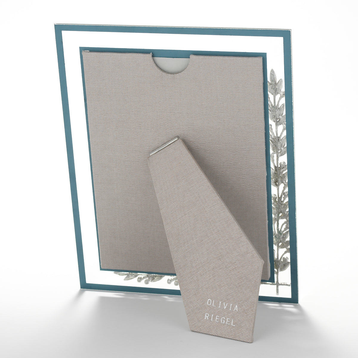 Gray Silk back of Silver Laurel Frame with upper slot for photo insertion.