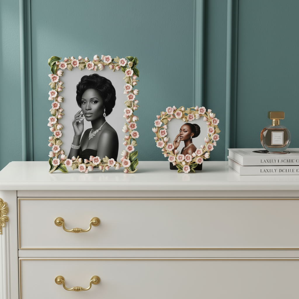 Bella Heart Frame with matching Bella 4 by 6 Frame on a white dresser against a teal wall.