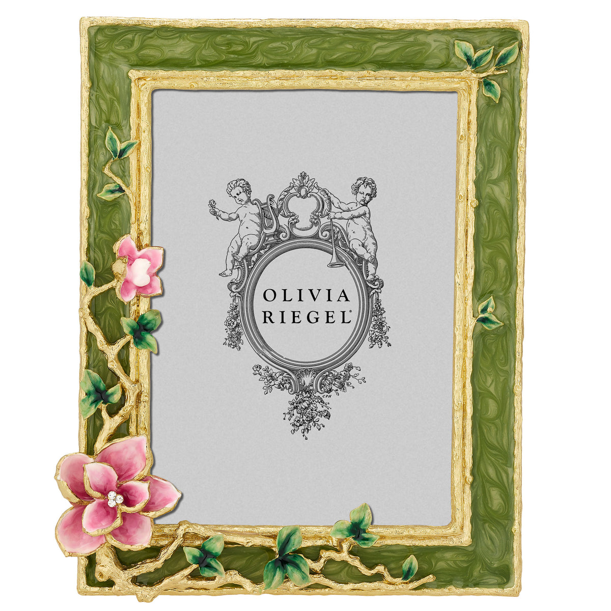 Gloria 5 by 7 Picture Frame with green enamled border and enamel flowers in bottom left corner.