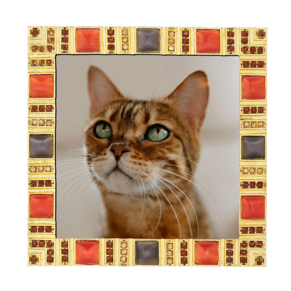 Square Gold Capri Picture Frame featuring alternating bands of topaz crystals and square orange and brown glass gems.