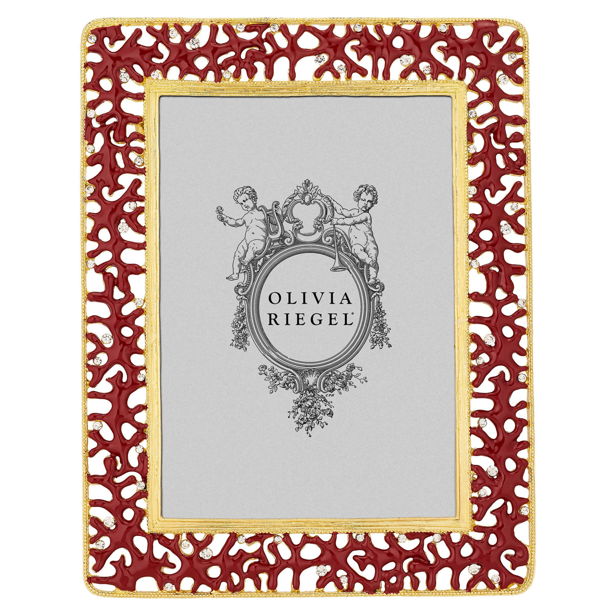Coral Enamel 5 by 7  Frame features dark red coral shapes between 2 narrow gold-tone metal borders.