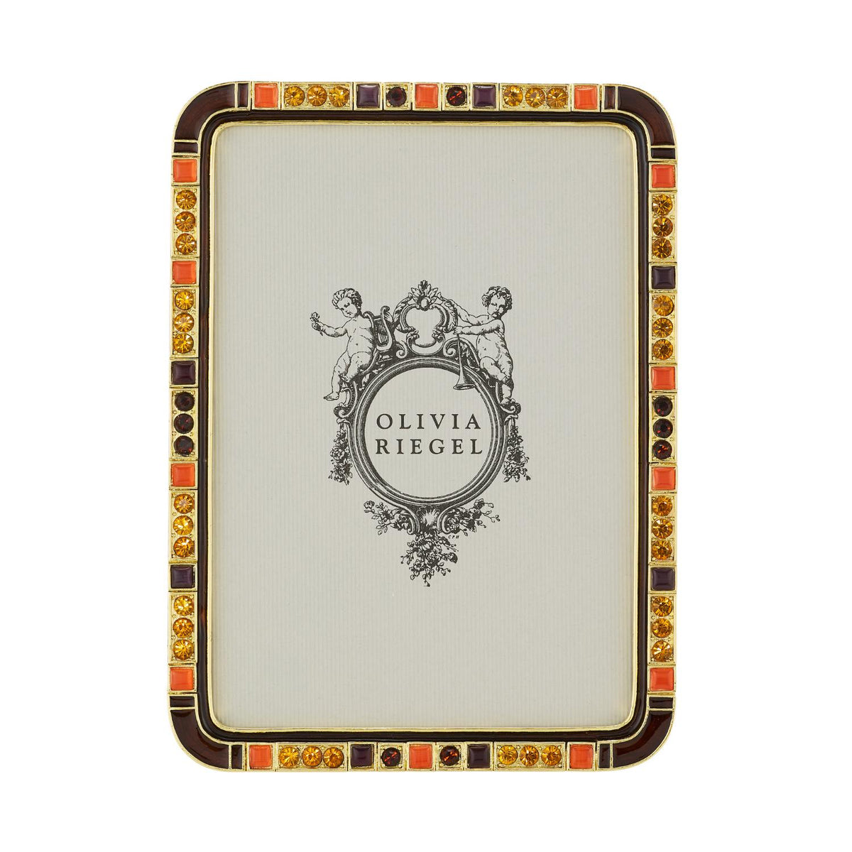 Gold Sorrento Frame with narrom border of alternating round crytstals and square cat's eye stones, with dark brown enamel rounded corners.