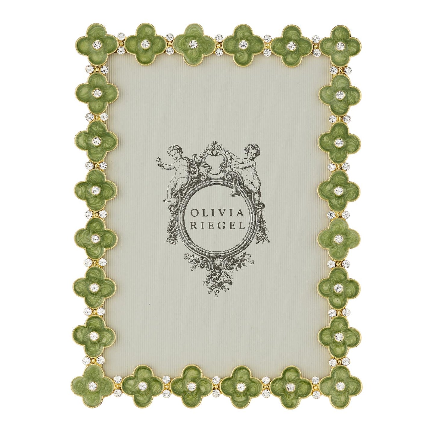 Decorative photo frame with green clover design and Olivia Riegel logo on a white background