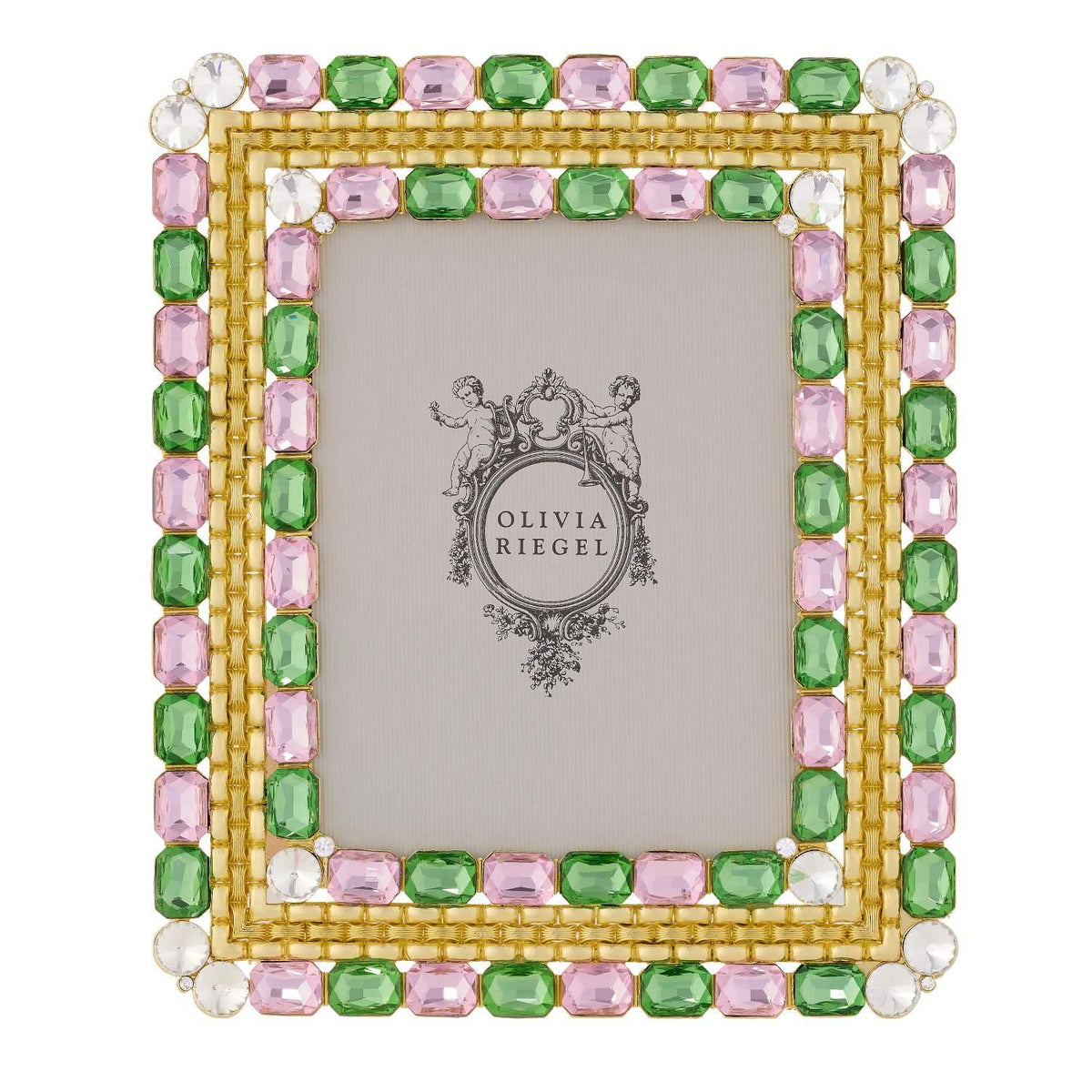 Gold Mame Royale 5  by  7 Frame with alternating pale pink, green and clear gems on both sides of a woven-pattern metal border.