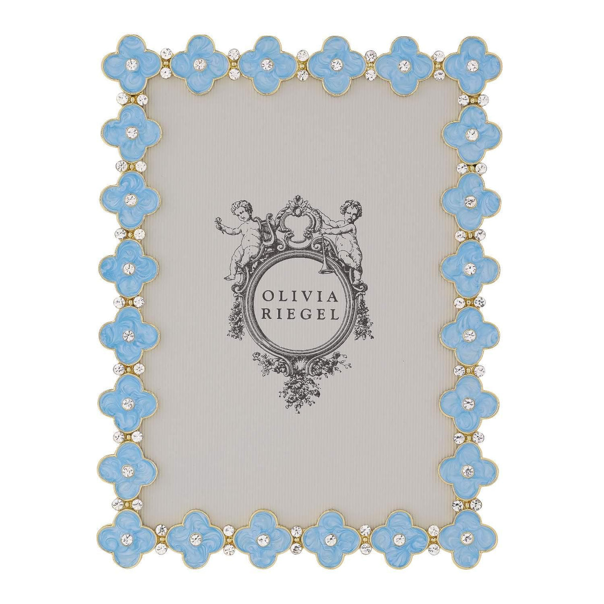Clover 5 by 7 Frame rimmed with Light Blue quatrefoils lined in gold.
