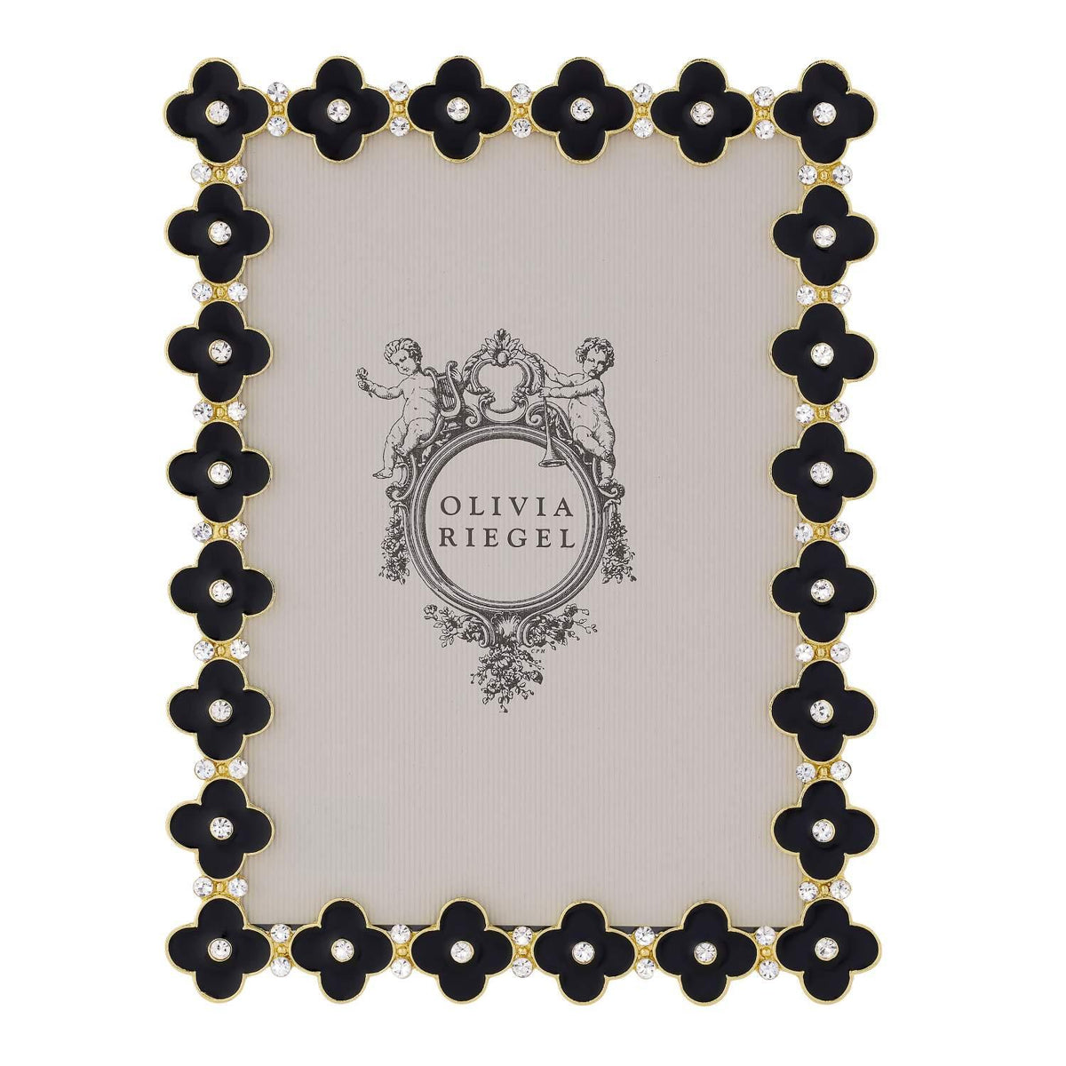 Black Enamel Clover 5 by 7 Frame with repeating textured quatrefoils surrounding the frame.