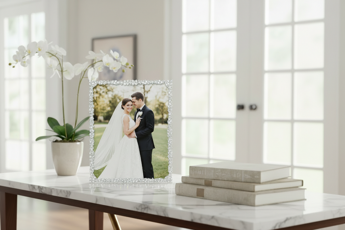 Wedding photo in a Silver Princess frame on a wooden table.