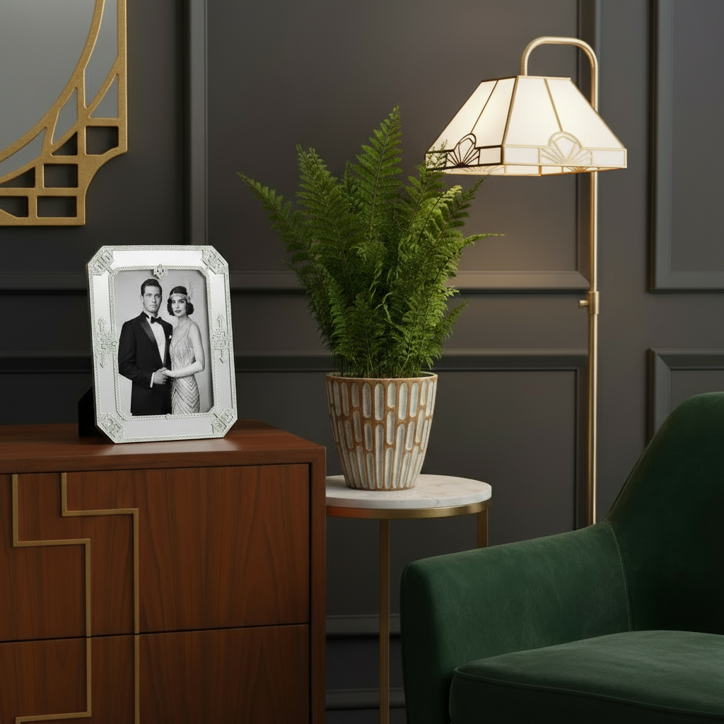Decorative setting with a Deco Mirror 5x7 Frame, potted plant, and green armchair against a dark wall.