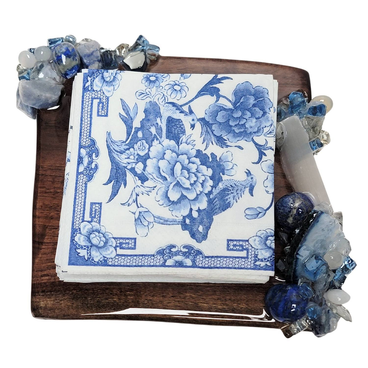 Azure Cocktail Napkin Holder. Top view with blue and white napkins