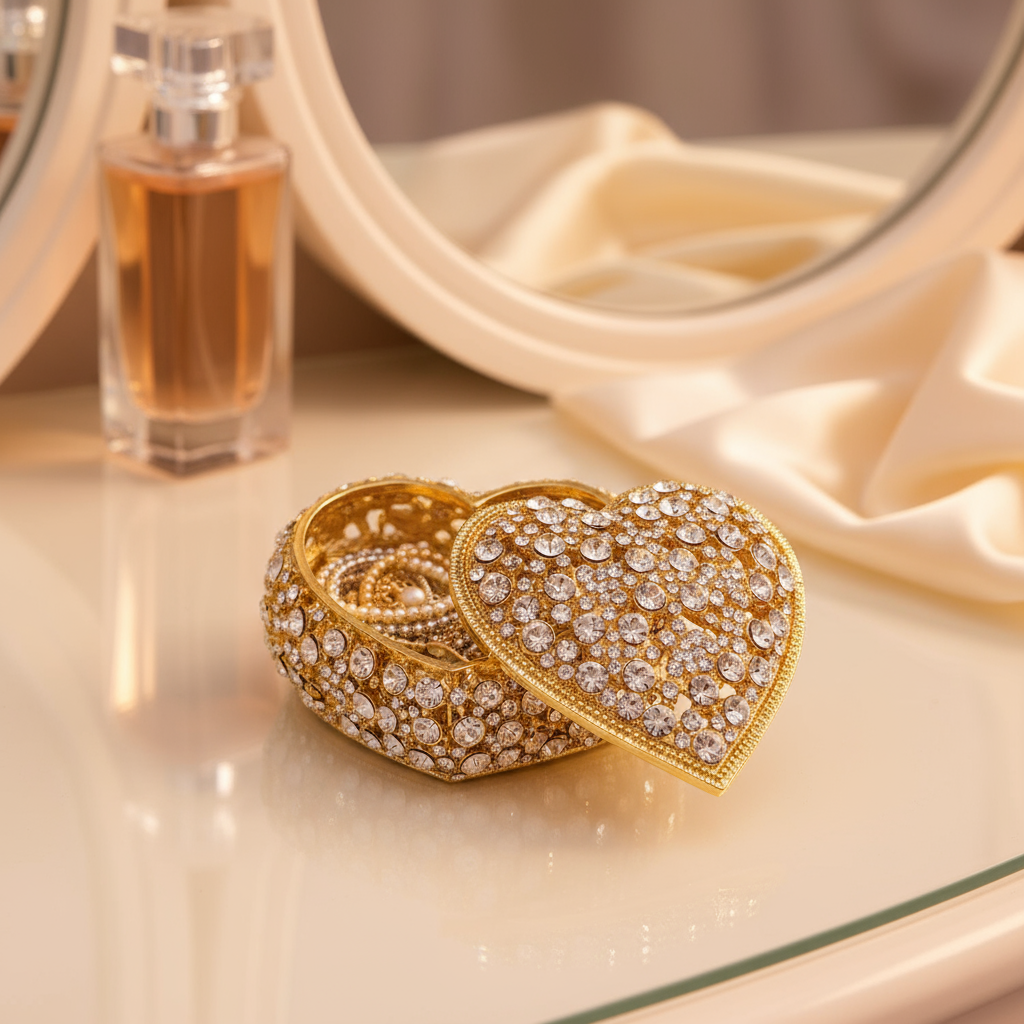 Heart-shaped Princess box with crystals on a reflective surface next to a perfume bottle.
