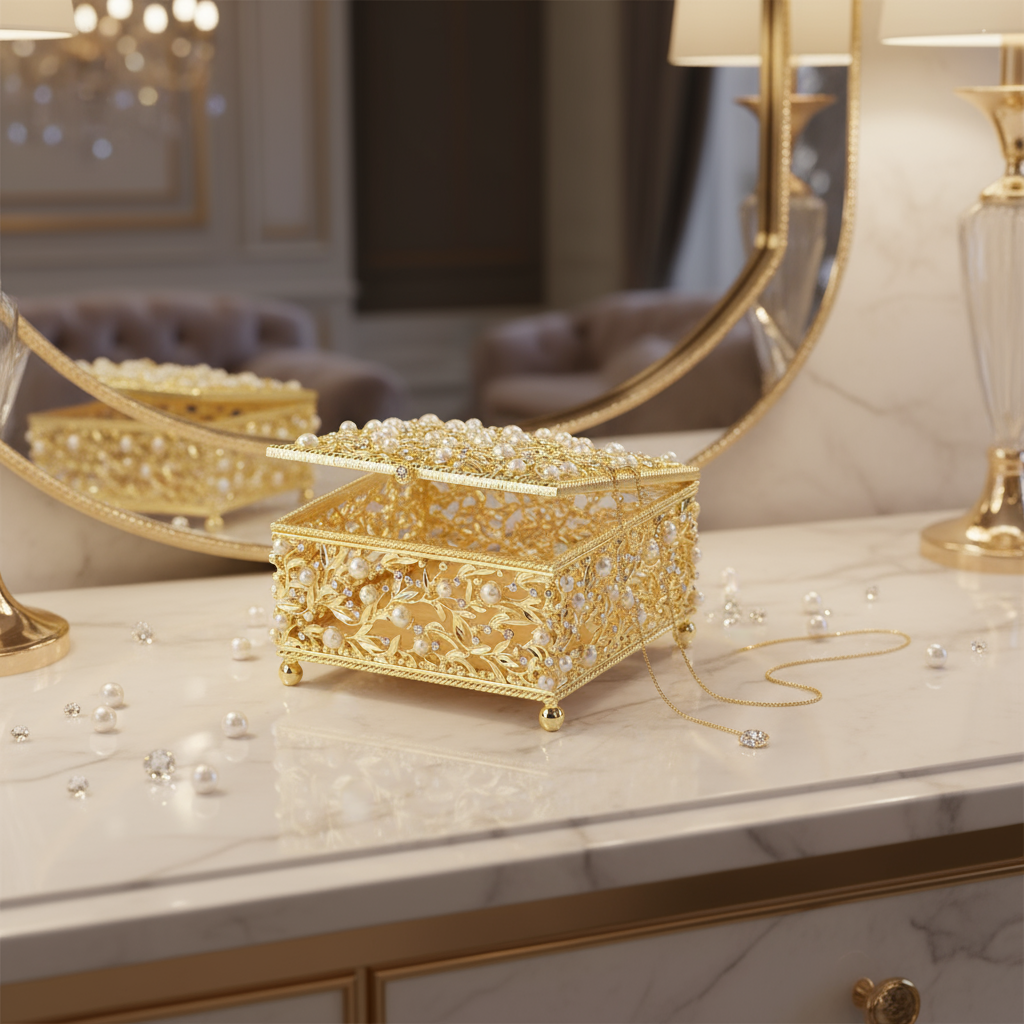Gold Eleanor Box on a marble dresser in front of a wall mirror.