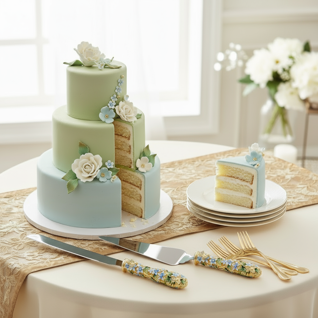 Three-tiered cake with floral decorations on a table with the Daphne Dessert Serving Set.