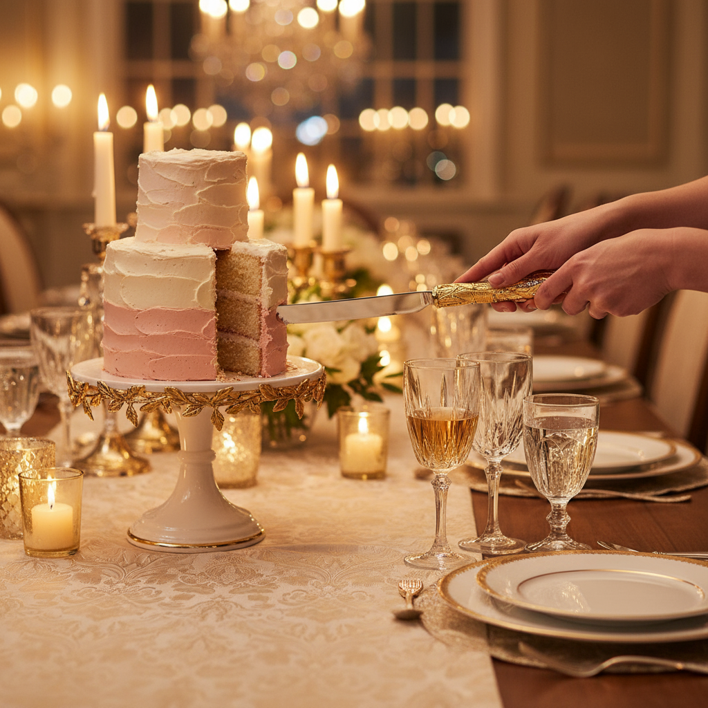 Cake on a white stand with a hand holding a Gold Preen knife, set against a warm, blurred background of candles and glasses.
