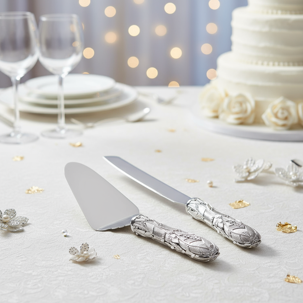 Silver Preen cake server and knife set on a table with a white cake and decorative lights in the background.