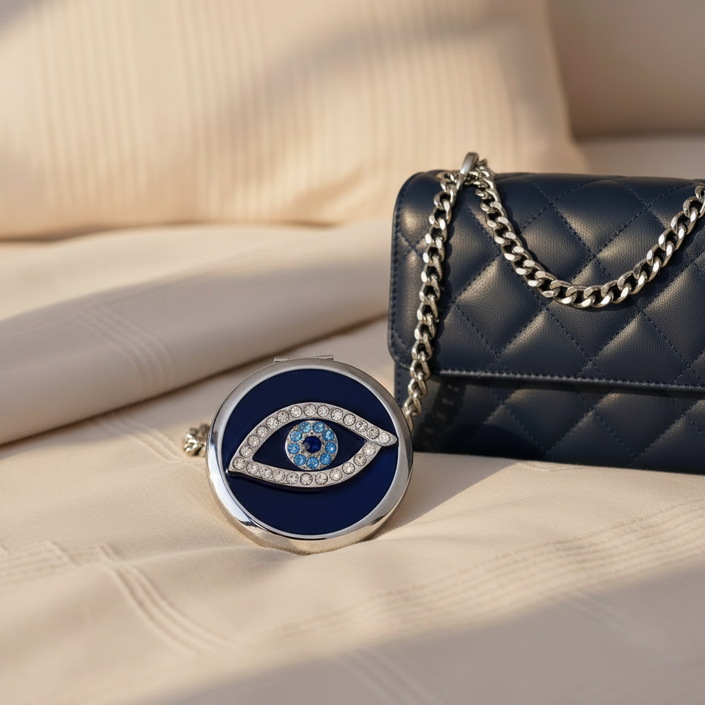 Blue handbag with a chain strap and an Evil Eye Compact on a bed
