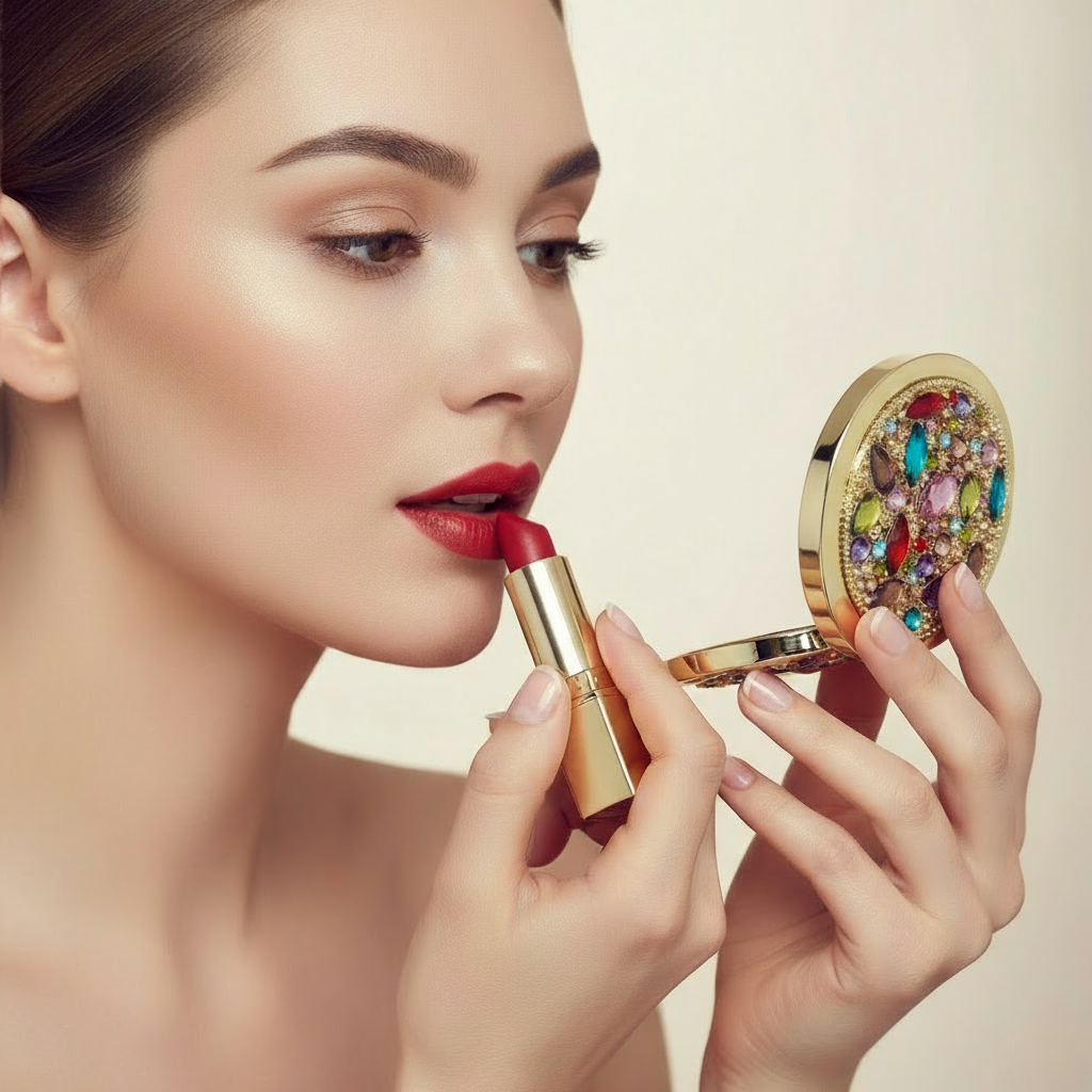 Woman applying red lipstick with a Dominique compact mirror.