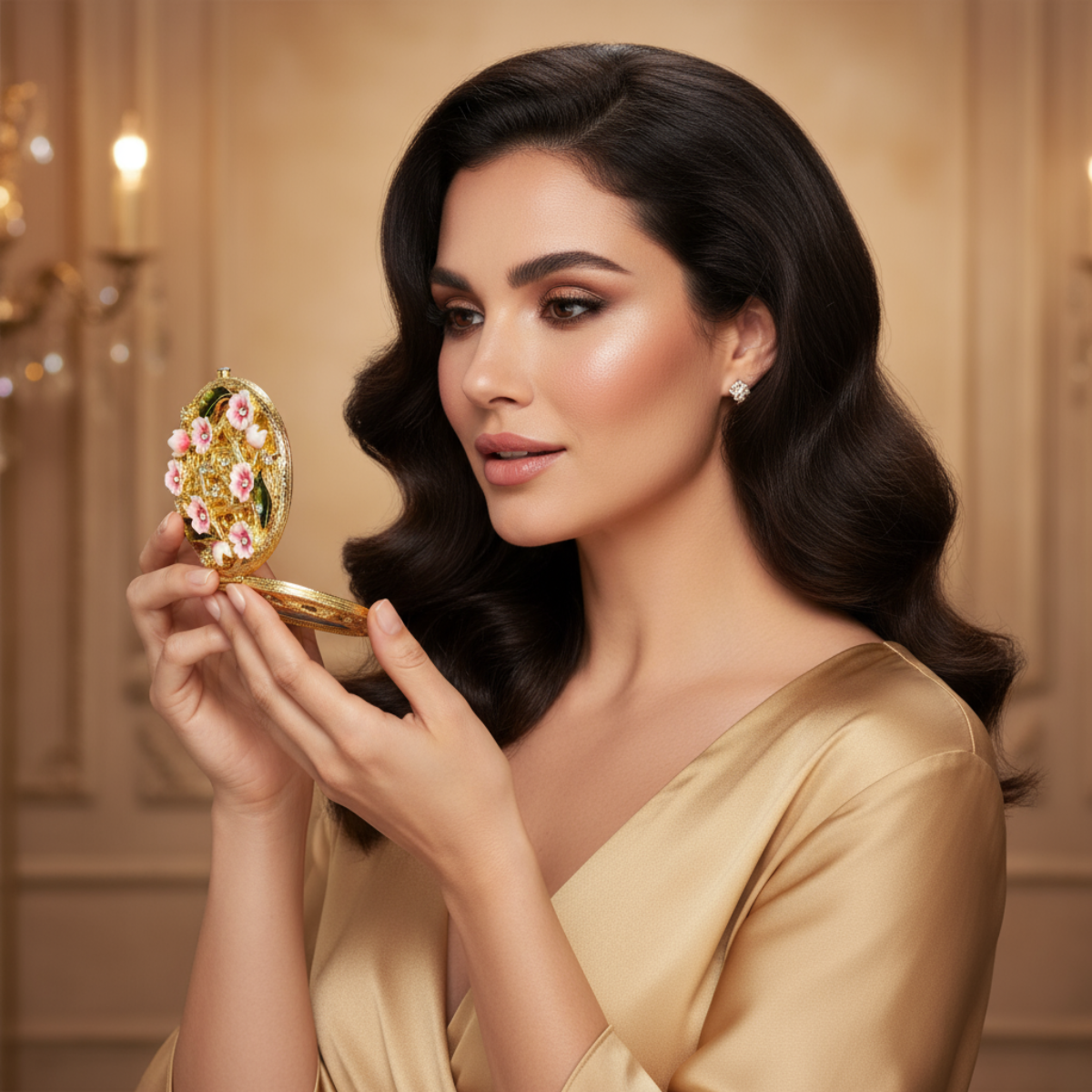 Woman holding a Bella compact mirror in an elegant setting.