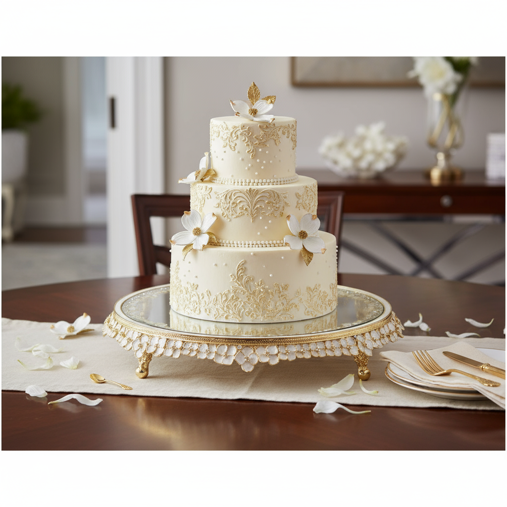 Three-tiered wedding cake on a Dogwood Cake Plateau  in a dining room.