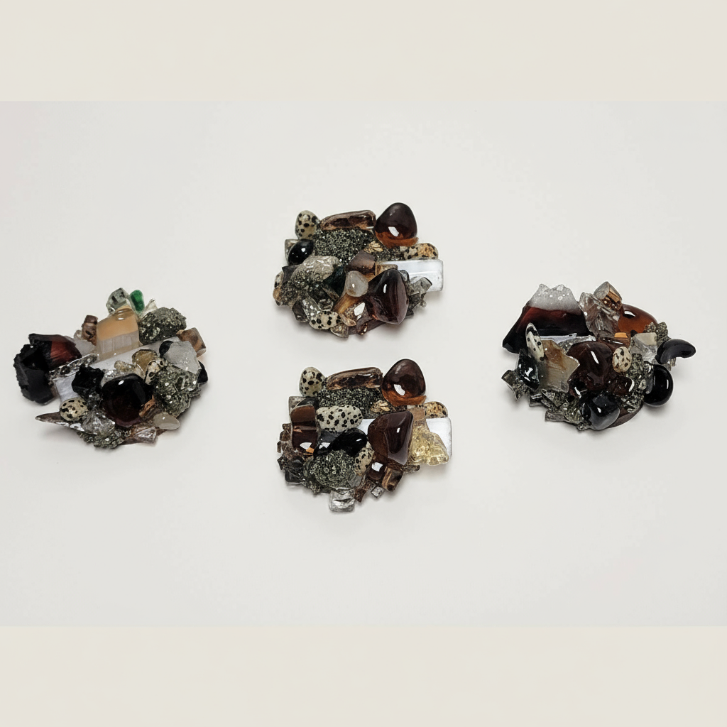 Four Treasures place card holders on a white background