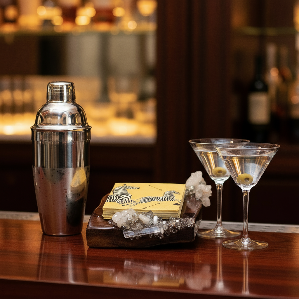 Krystallos Cocktail Napkin Holder on home bar with martini shaker and 2 martini glasses.