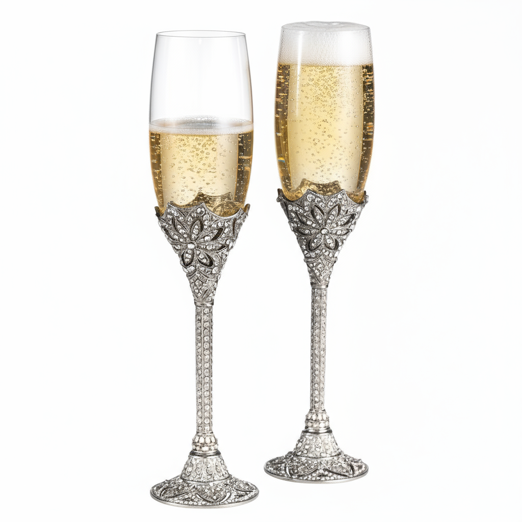 Silver Windsor Flutes filled with champagne.