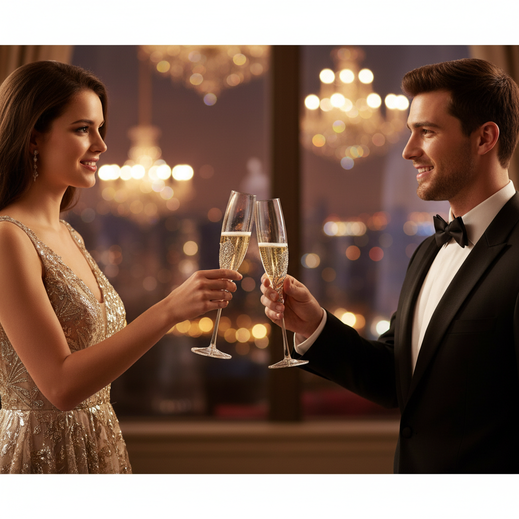 Man and woman in formal attire clinking Mora champagne flutes in an elegant setting.