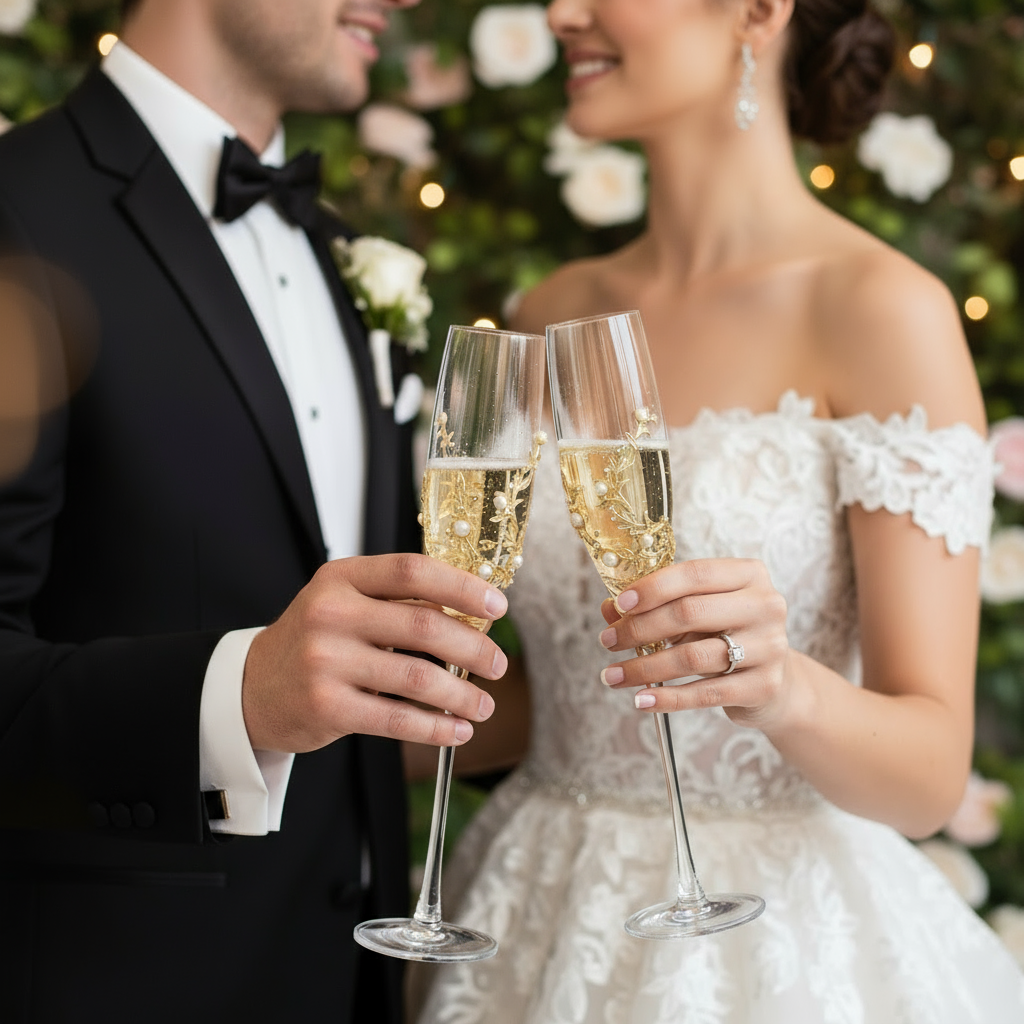 Bride and Groom toasting with Eleanor champagne flutes.