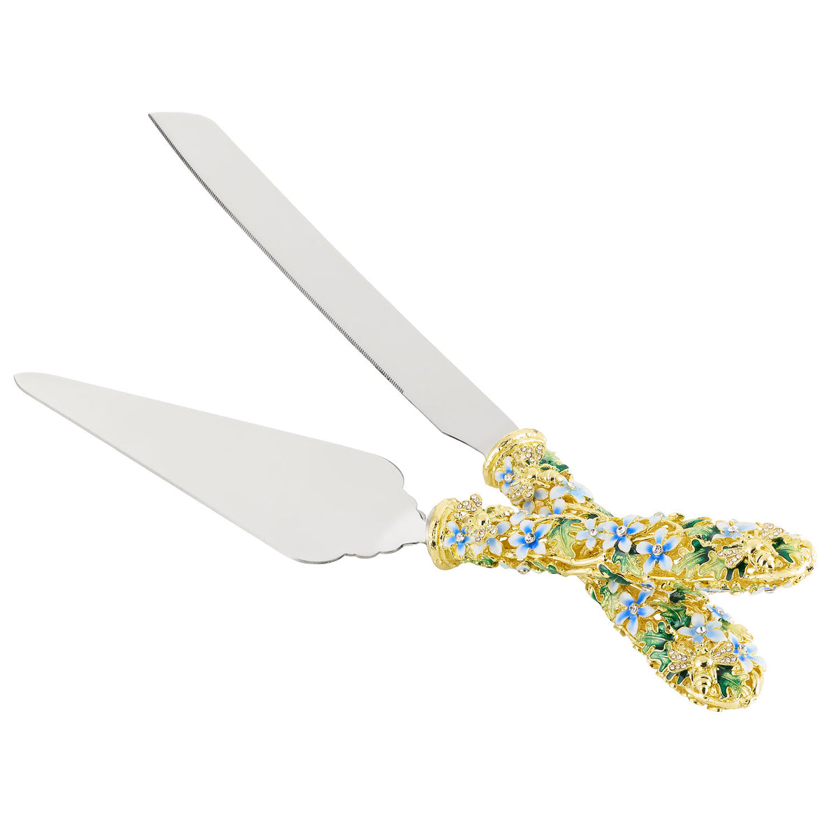 Gold Daphne Dessert Serving Set accented with tiny blue and green floral pattern. Cake knife and server.