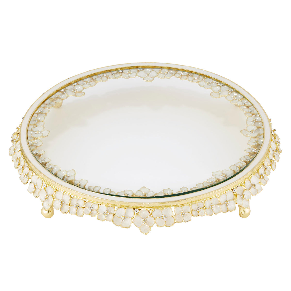 Round Footed Dogwood Cake Plateau with ivory floral pattern and clear glass top.